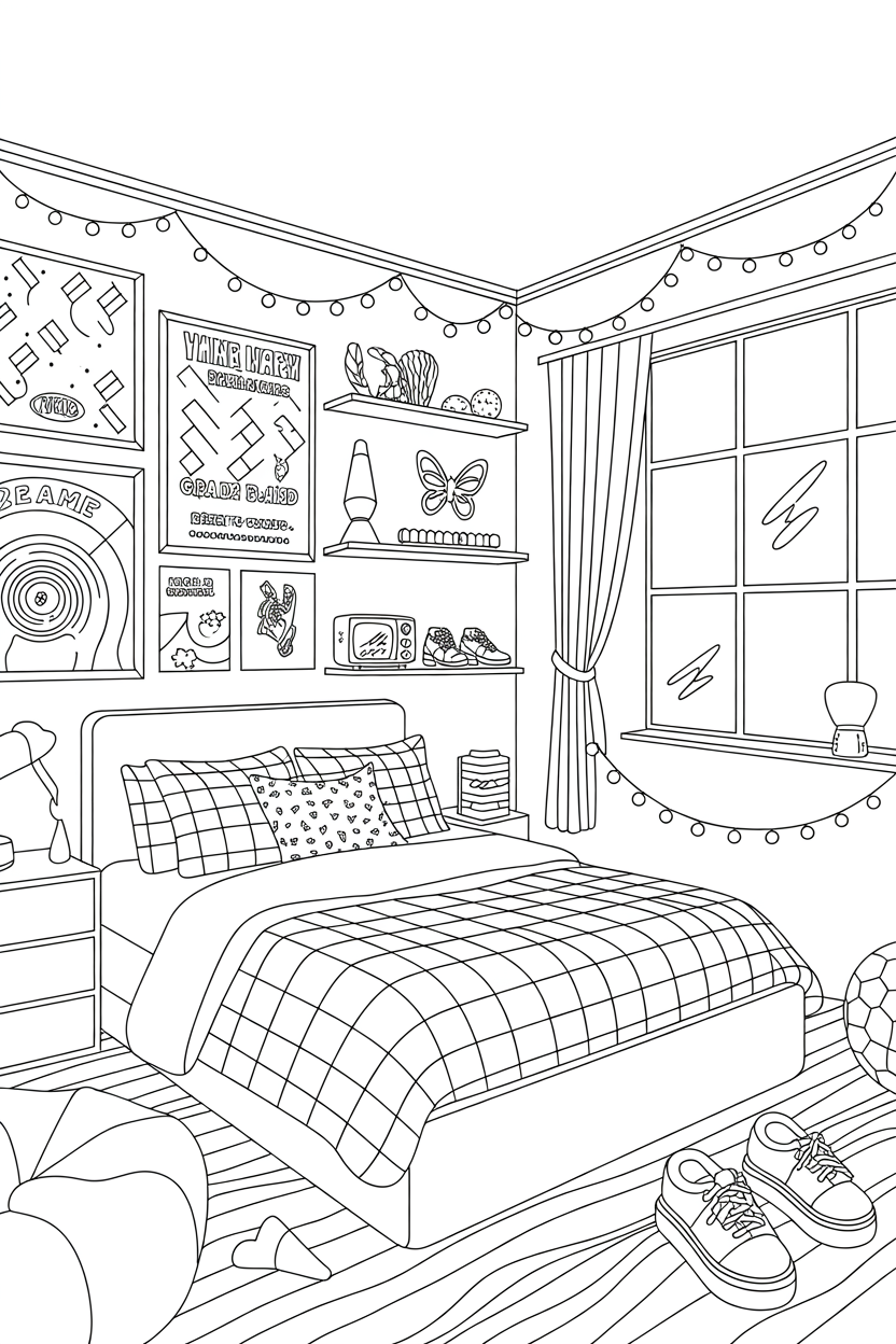 Aesthetic Preppy Bedroom Coloring Page
