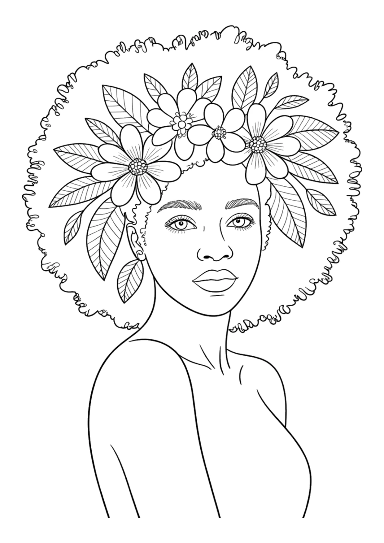 Detailed coloring page of a Black woman with an afro full of flowers