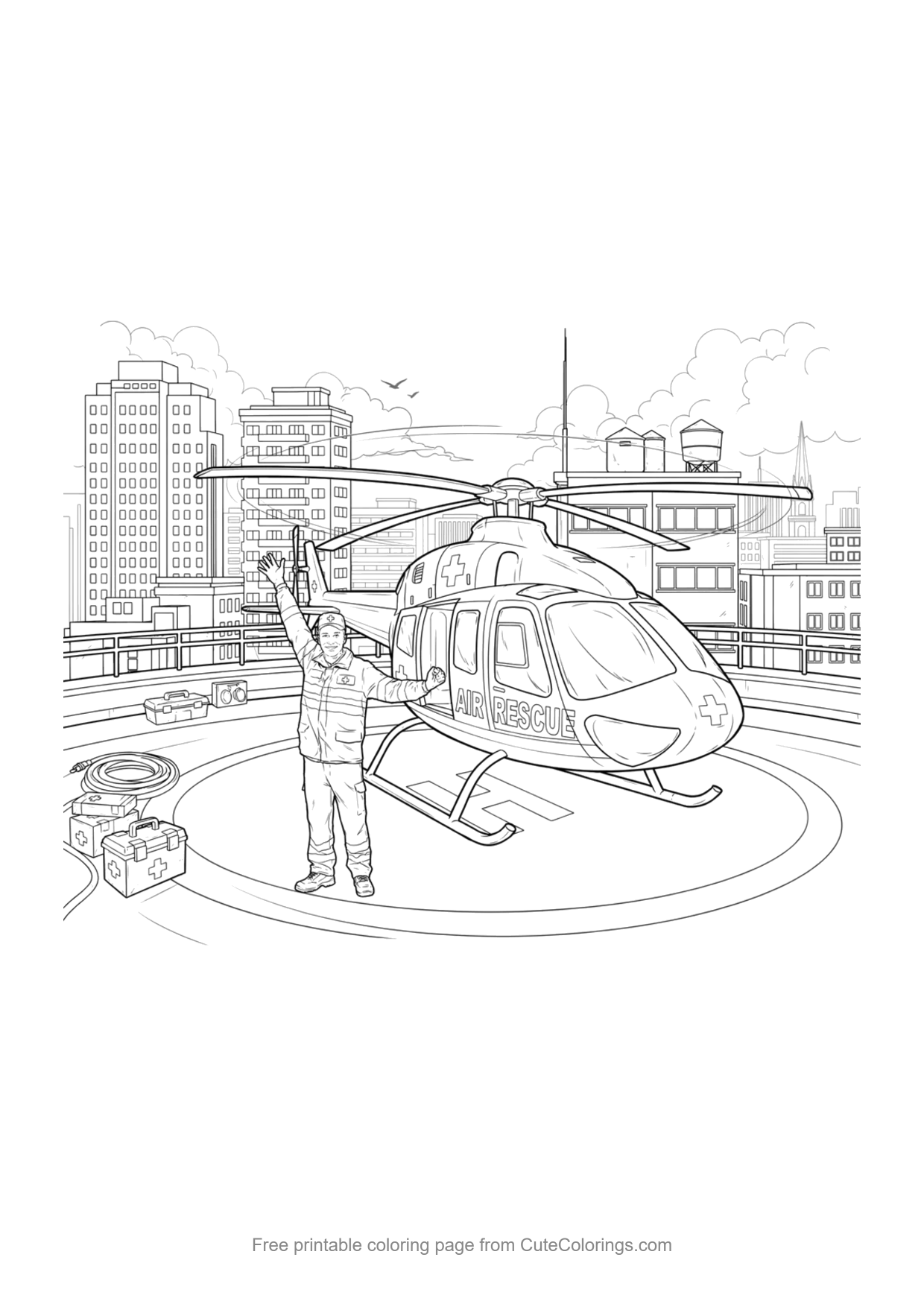 Coloring page for kids of an air ambulance helicopter landing on a hospital rooftop