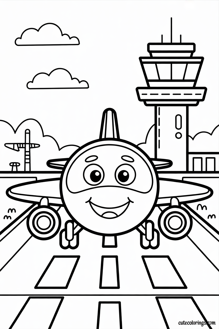 Cute plane at detailed airport with tower and sky