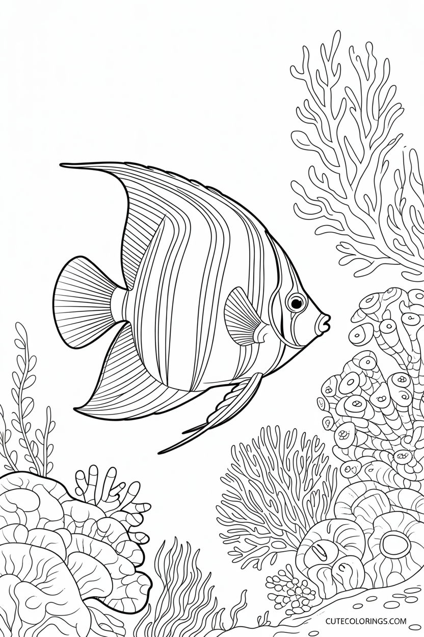 Striped angelfish with coral and seahorse details