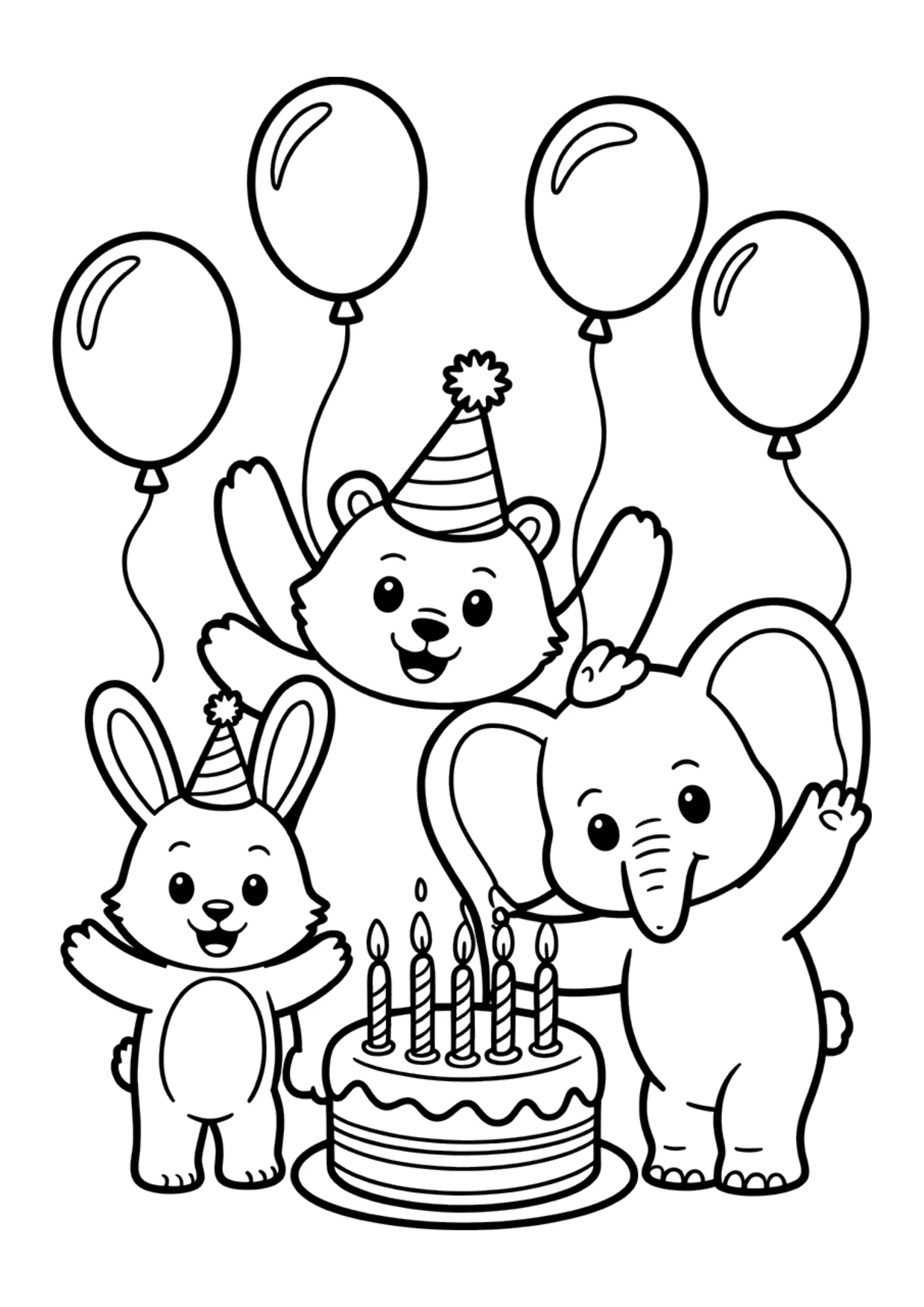 Coloring page for kids of animal friends at a birthday party