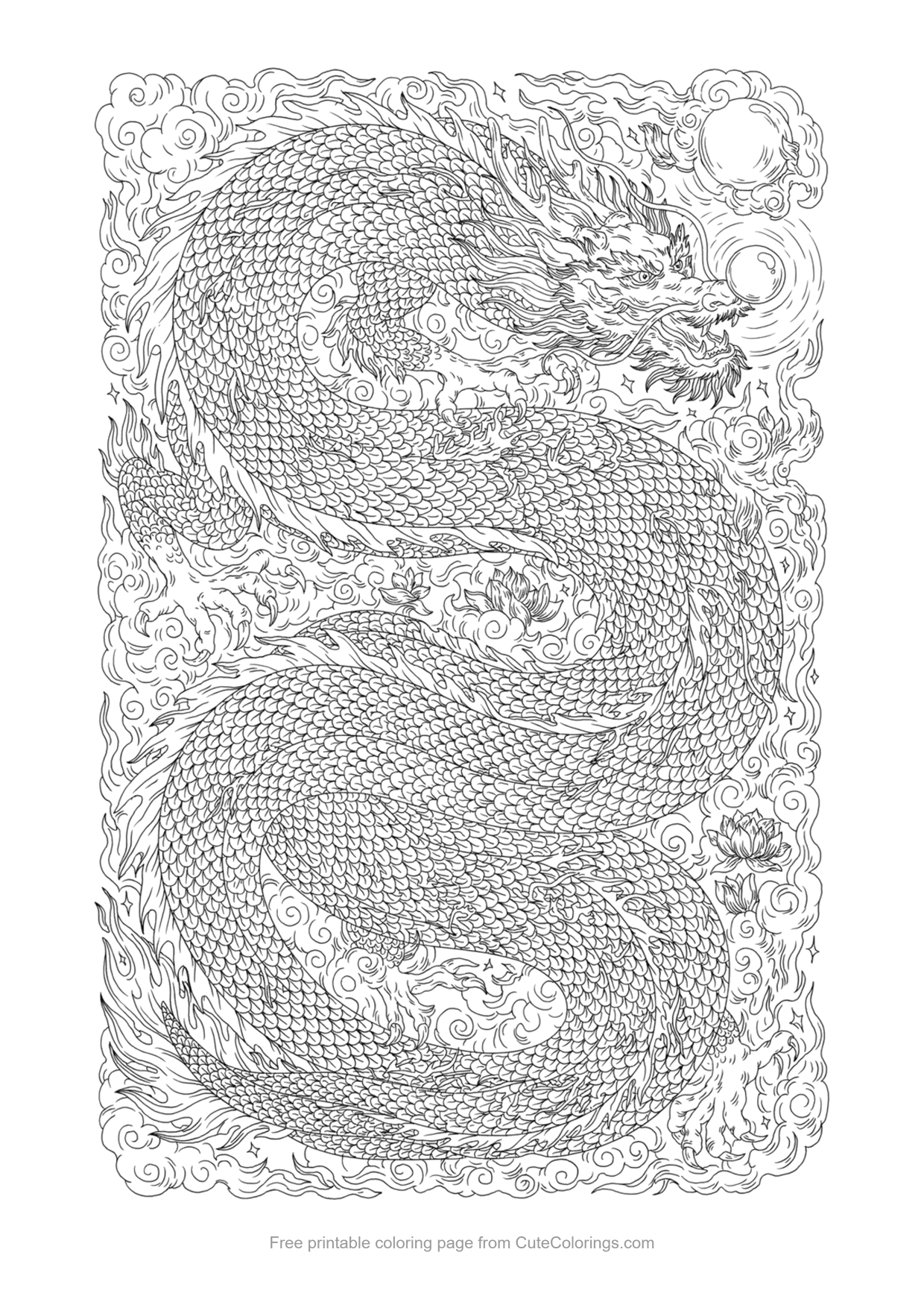 Detailed coloring page of a long Asian style dragon flying through swirling clouds