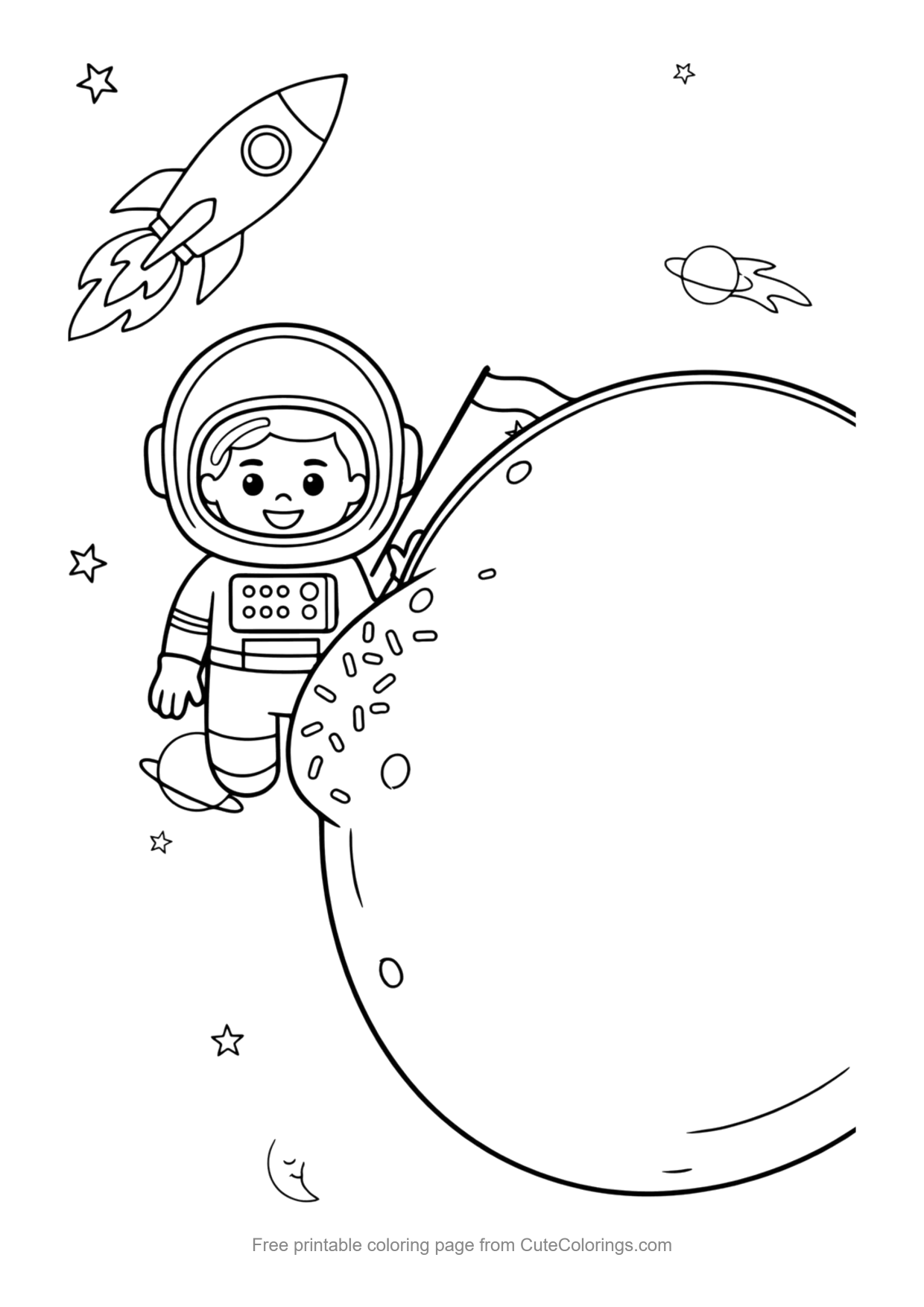 Coloring page for kids of a kid astronaut floating next to a giant round planet in space