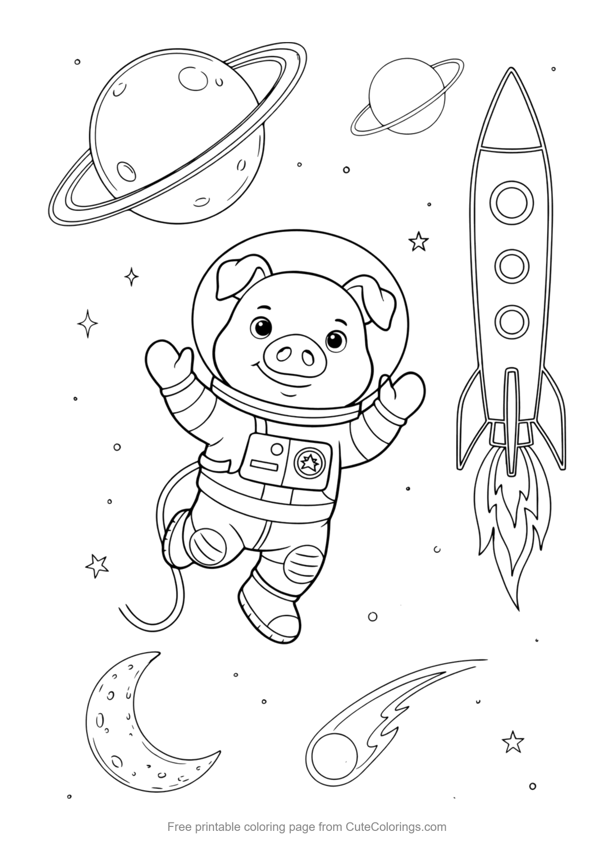 Coloring page for kids of an astronaut pig in space with planets and stars