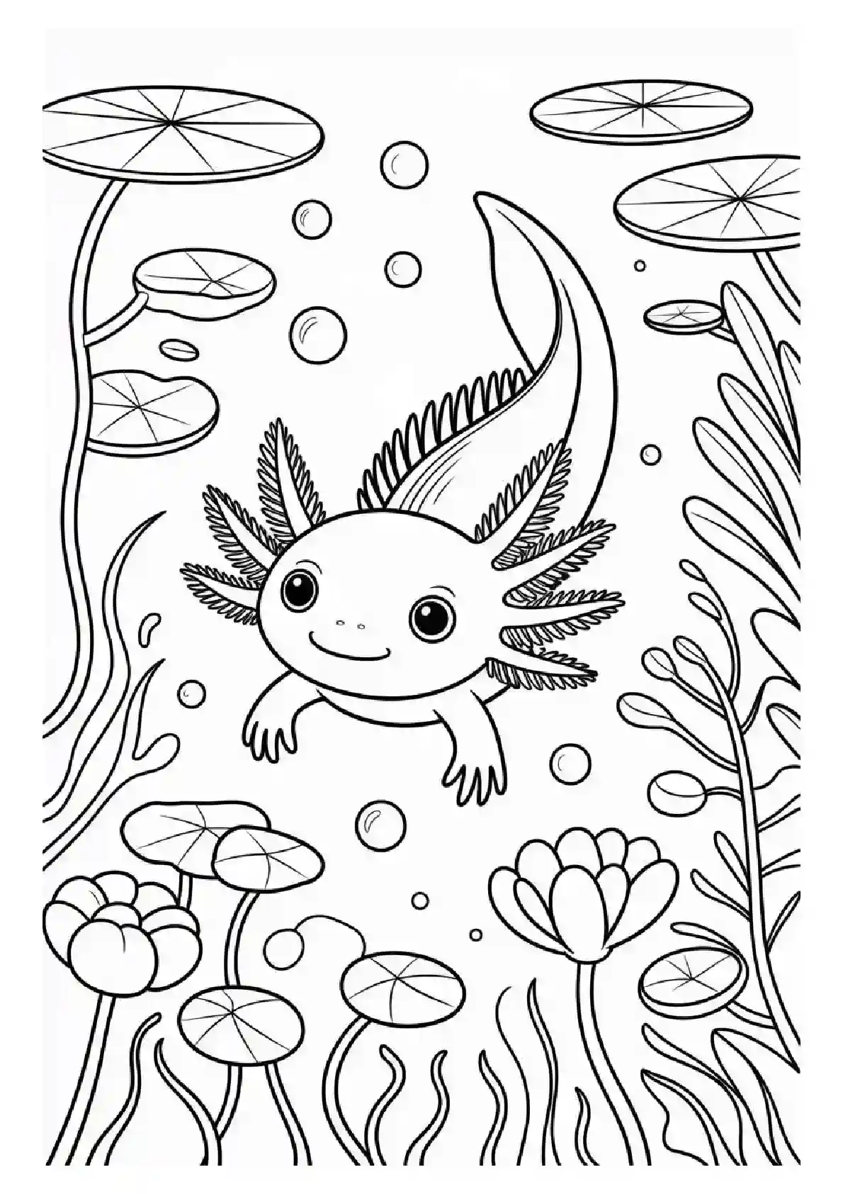 Axolotl Aquatic Garden Coloring Page
