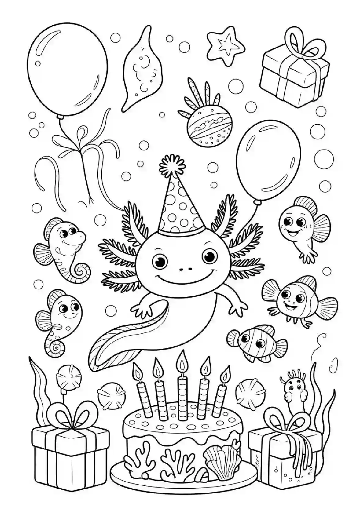 : Axolotl Birthday Party Coloring Page