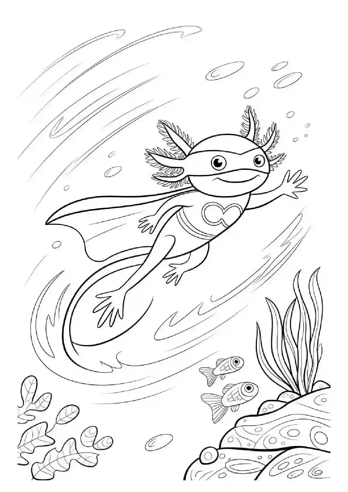 Axolotl Superhero Flying Coloring Page
