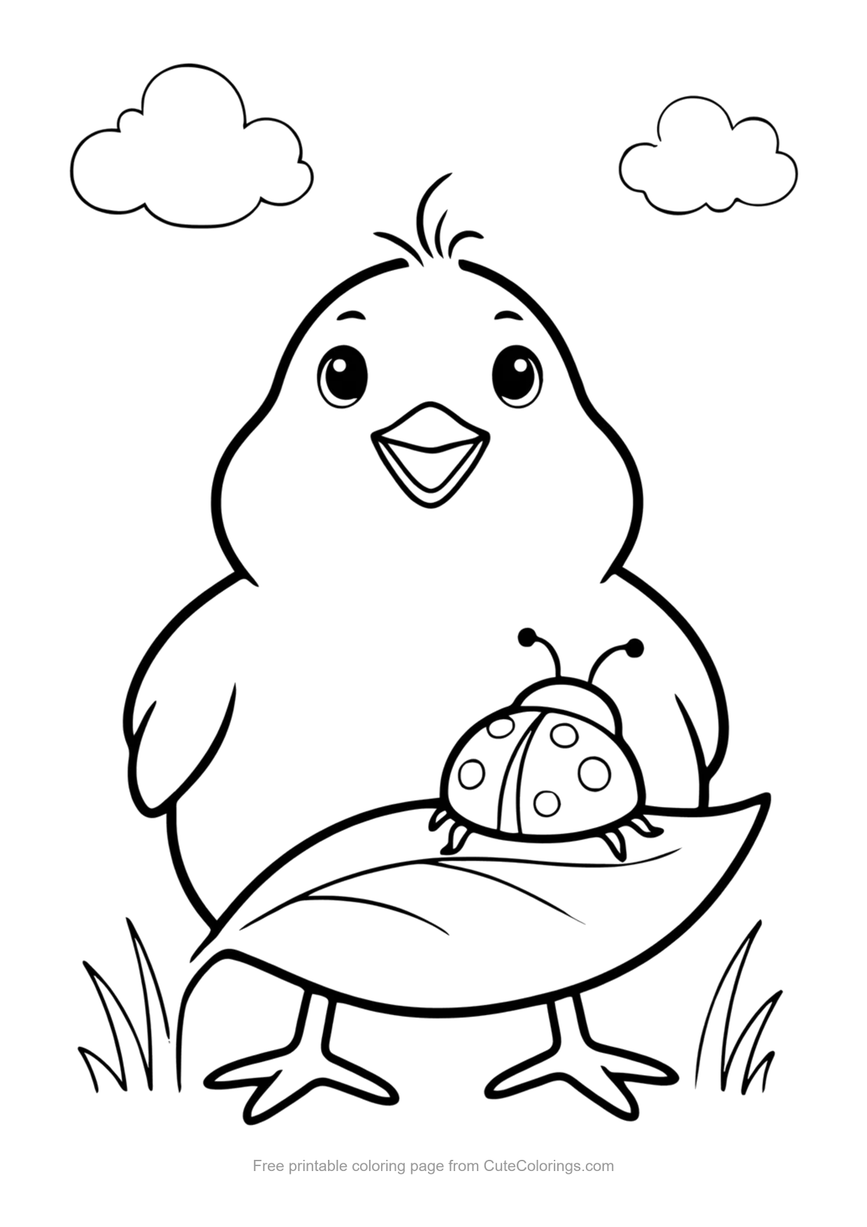 Easy coloring page of a baby chick looking at a ladybug on a leaf