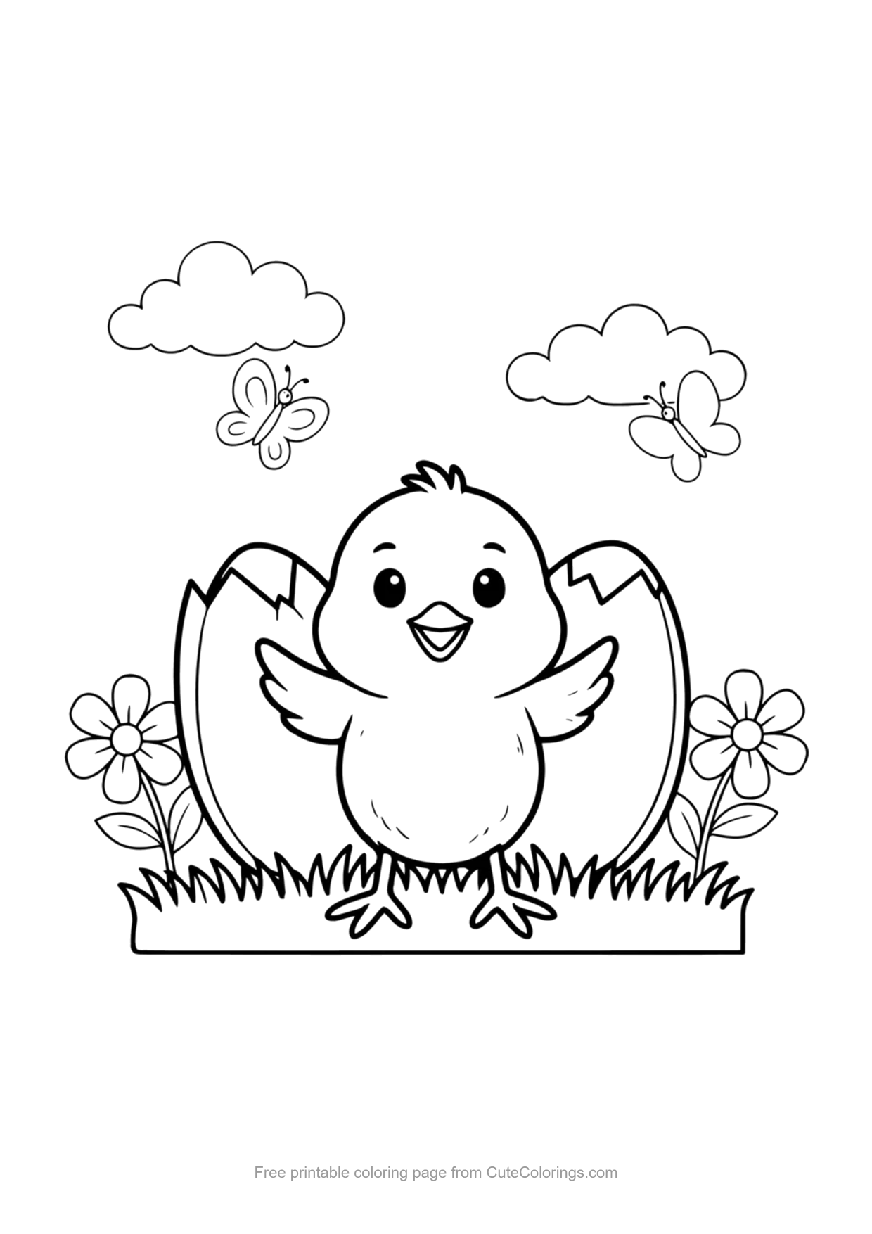 Easy coloring page of a cute baby chick hatching from a cracked egg with flowers and butterflies
