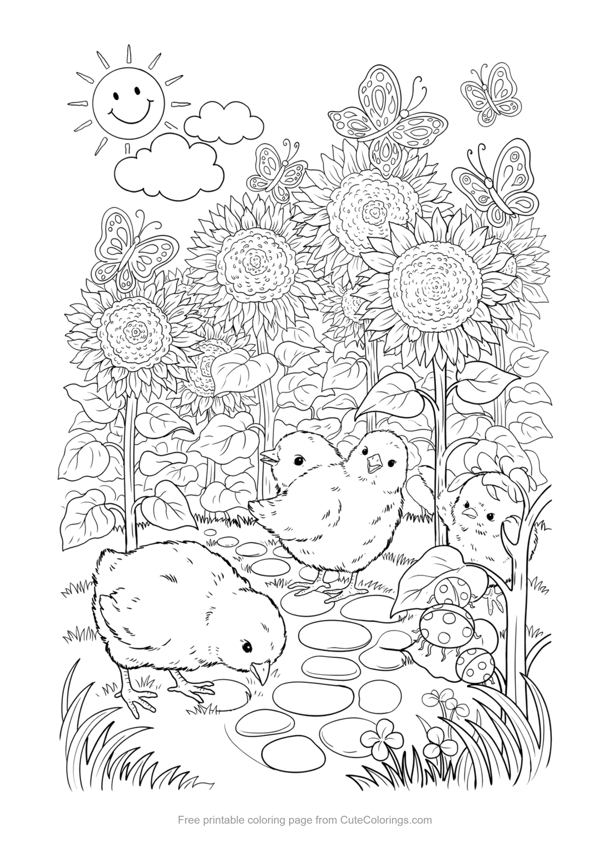 Coloring page of baby chicks exploring a garden of tall sunflowers and butterflies