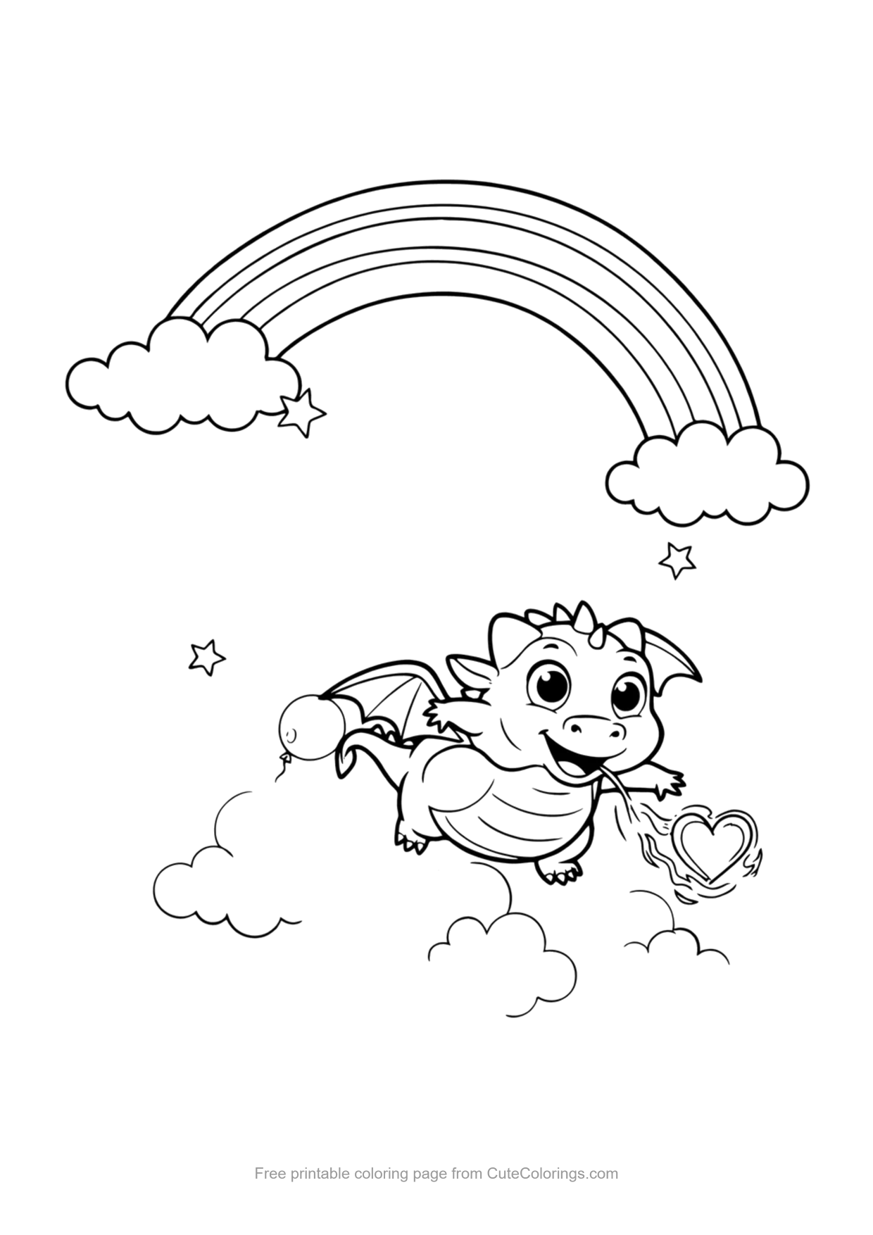 Cute coloring page of a baby dragon flying past a rainbow and clouds
