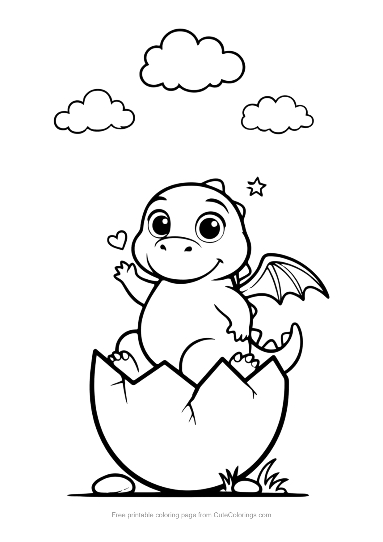 Easy coloring page of a cute baby dragon hatching from a cracked egg