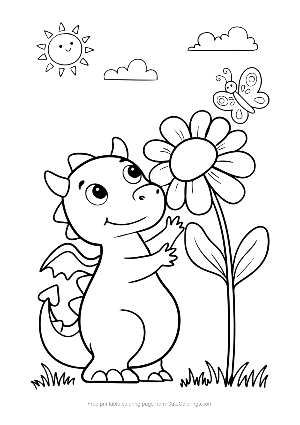 Easy coloring page of a baby dragon smelling a big flower with a butterfly
