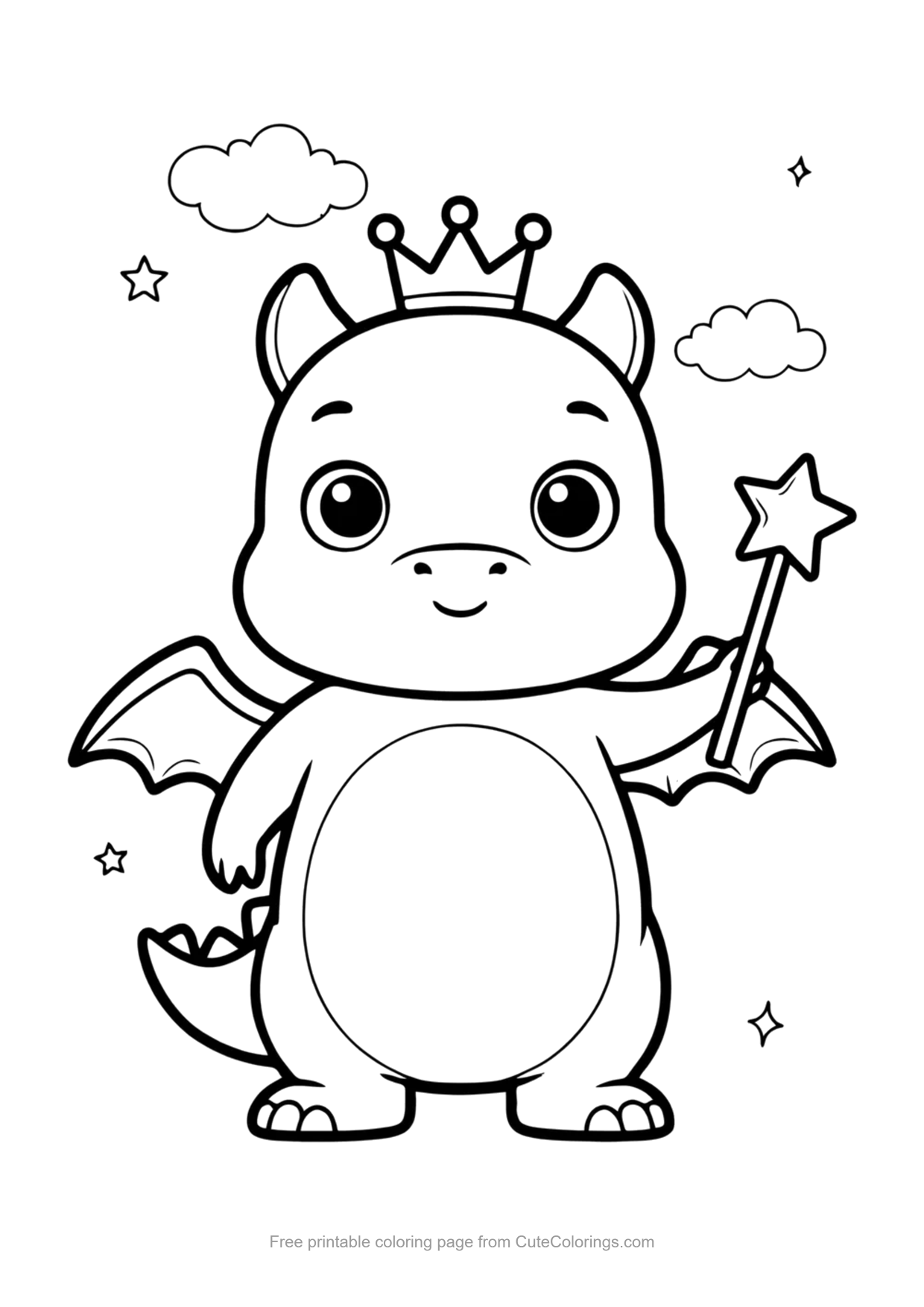 Easy coloring page of a cute baby dragon wearing a crown and holding a star wand