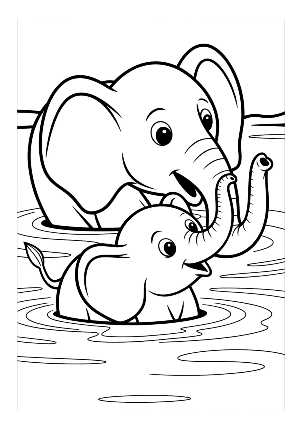 Dibujo para colorear para niños de un elefantito nadando con su madre