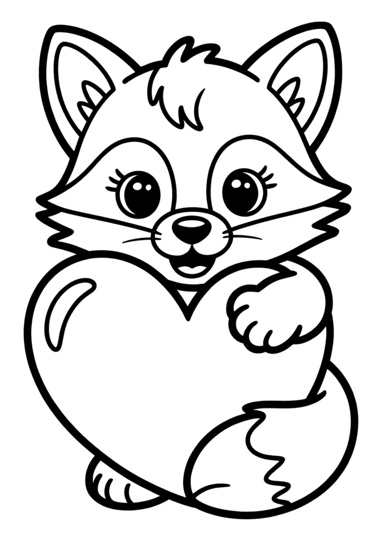 Desenho fácil de uma raposinha abraçando um coração para colorir