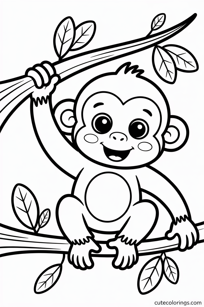 Adorable young monkey grips a leafy jungle branch
