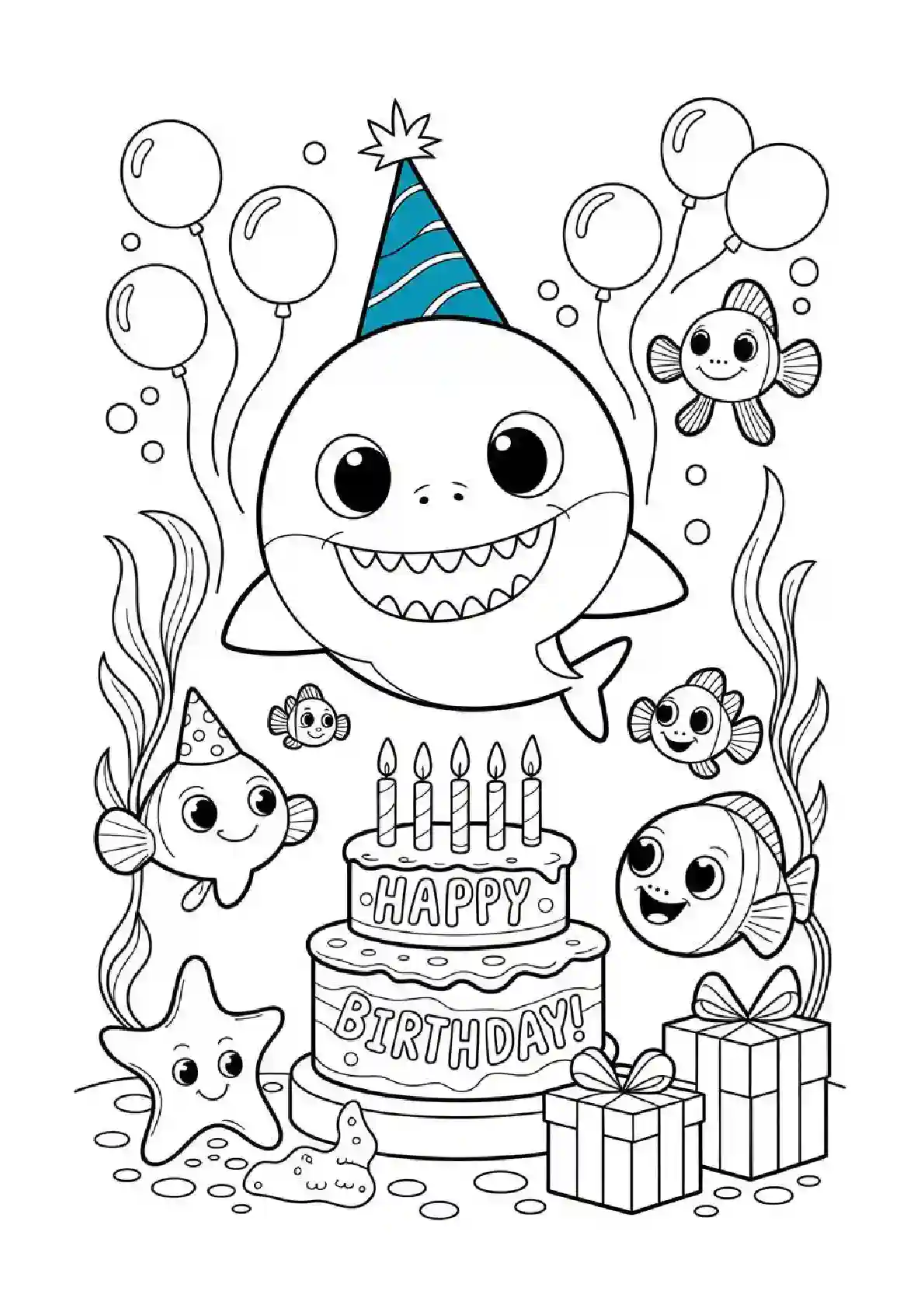 : Baby Shark Happy Birthday Coloring Page