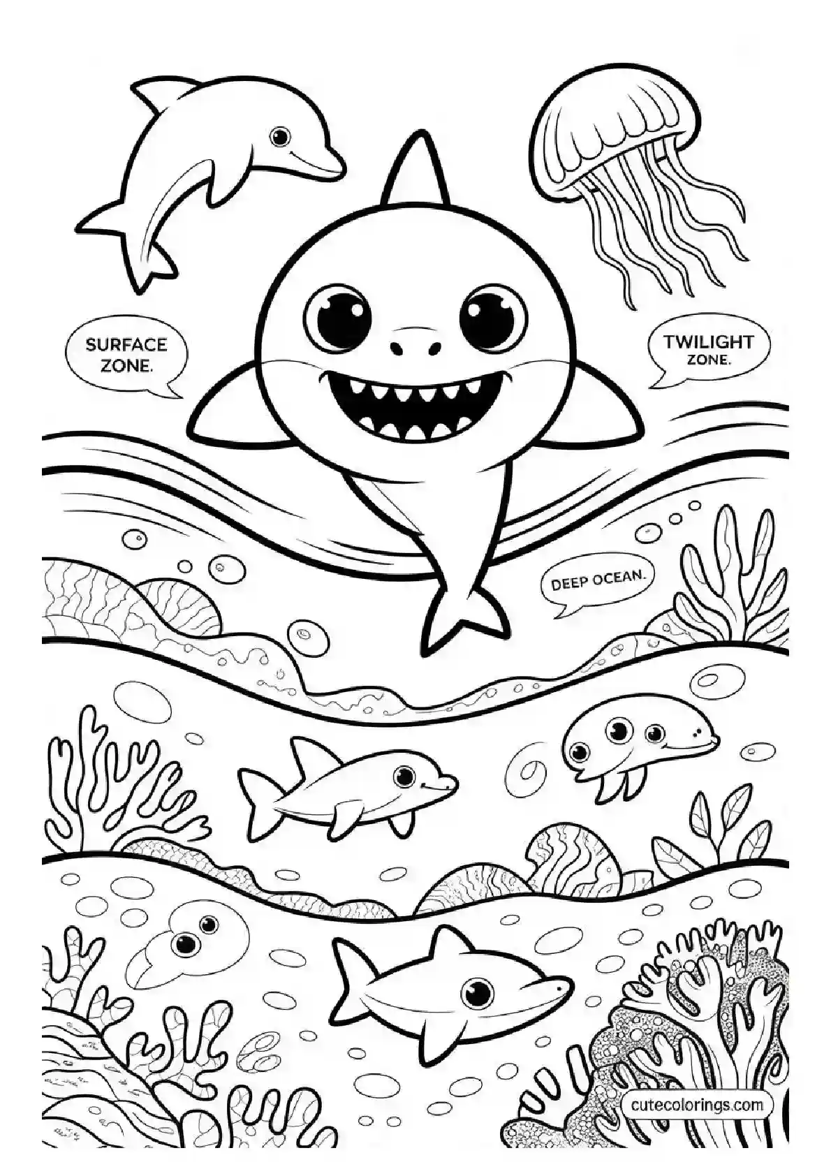 Baby Shark Ocean Zones Study Coloring Page