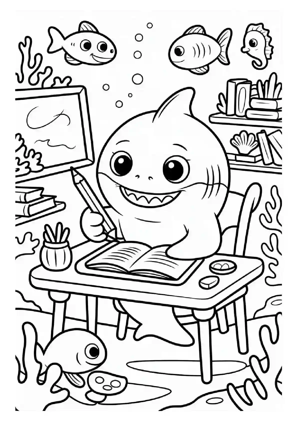 Baby Shark Student Learning Coloring Page