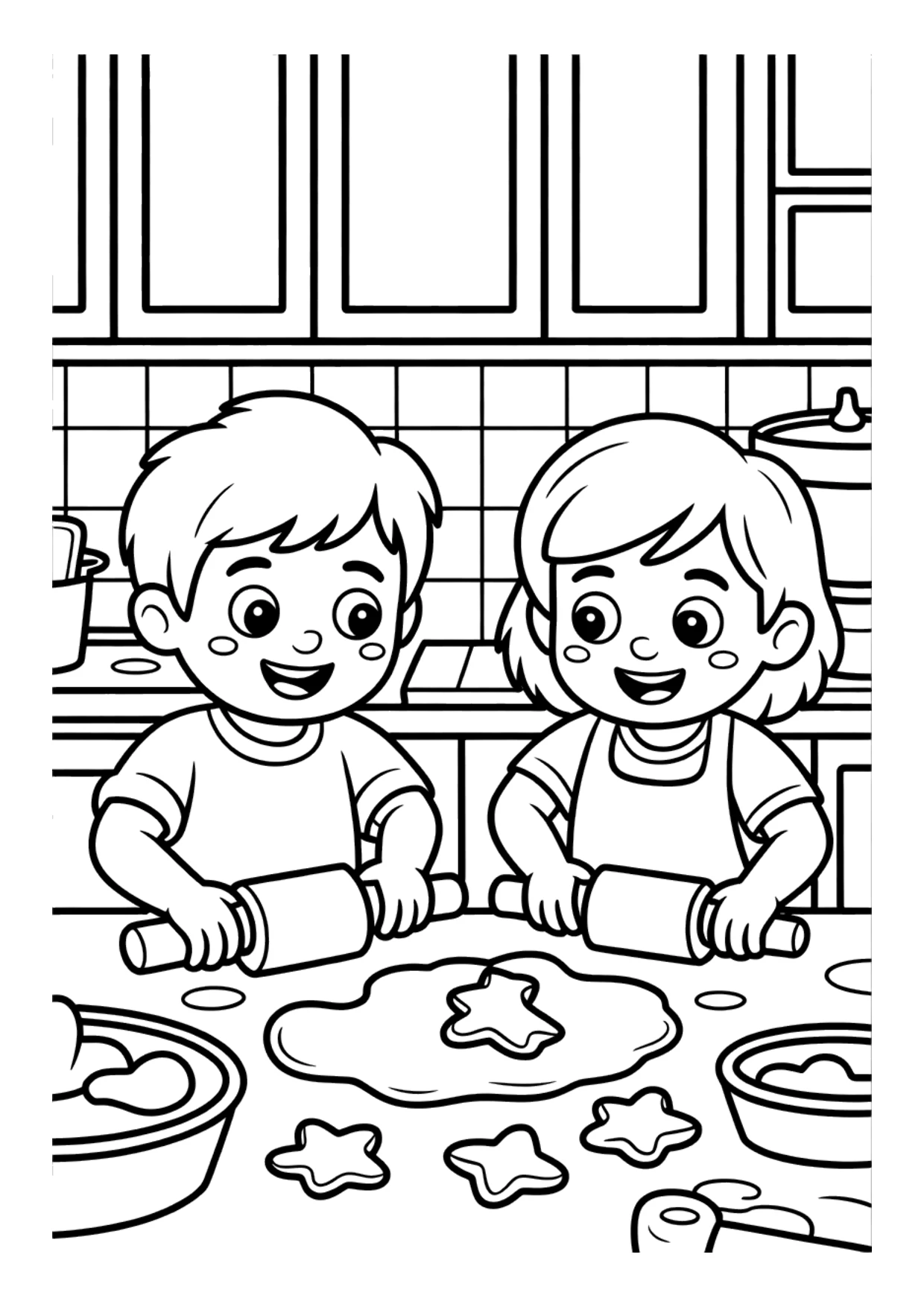 Dibujo para niños de niños horneando galletas de jengibre para colorear