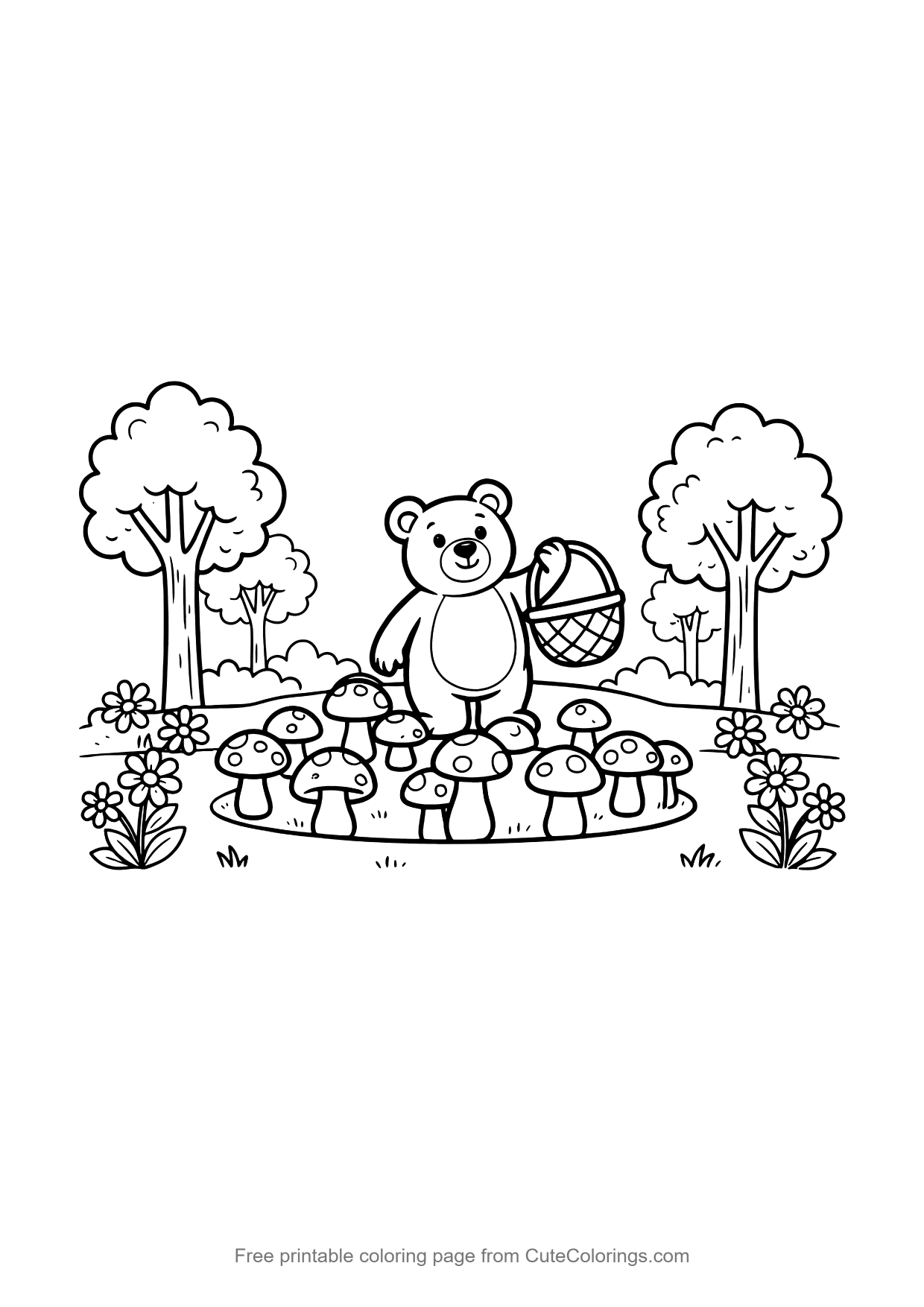 Coloring page for kids of a bear cub finding a ring of mushrooms in the forest