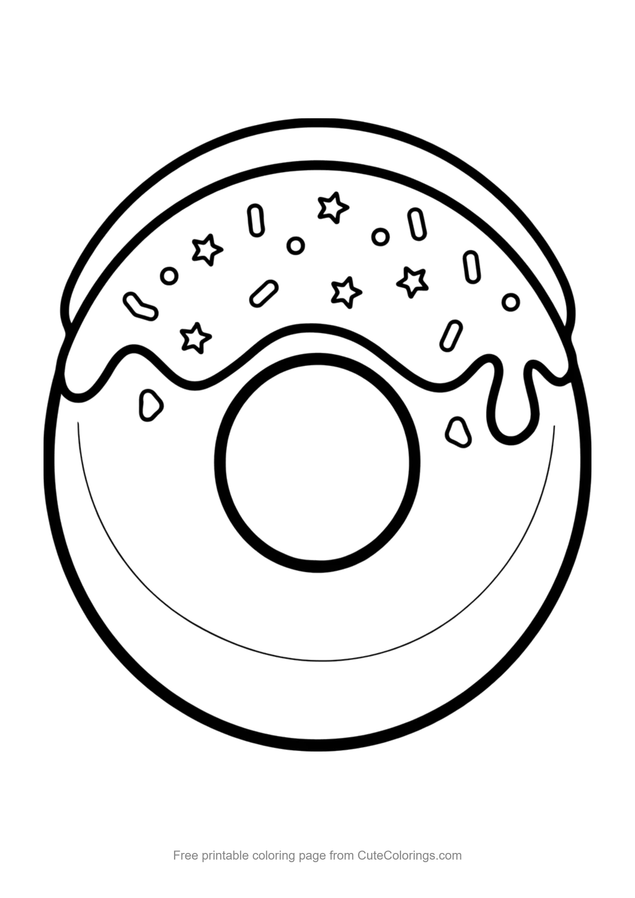 Easy coloring page of a big round donut with drippy frosting and sprinkles