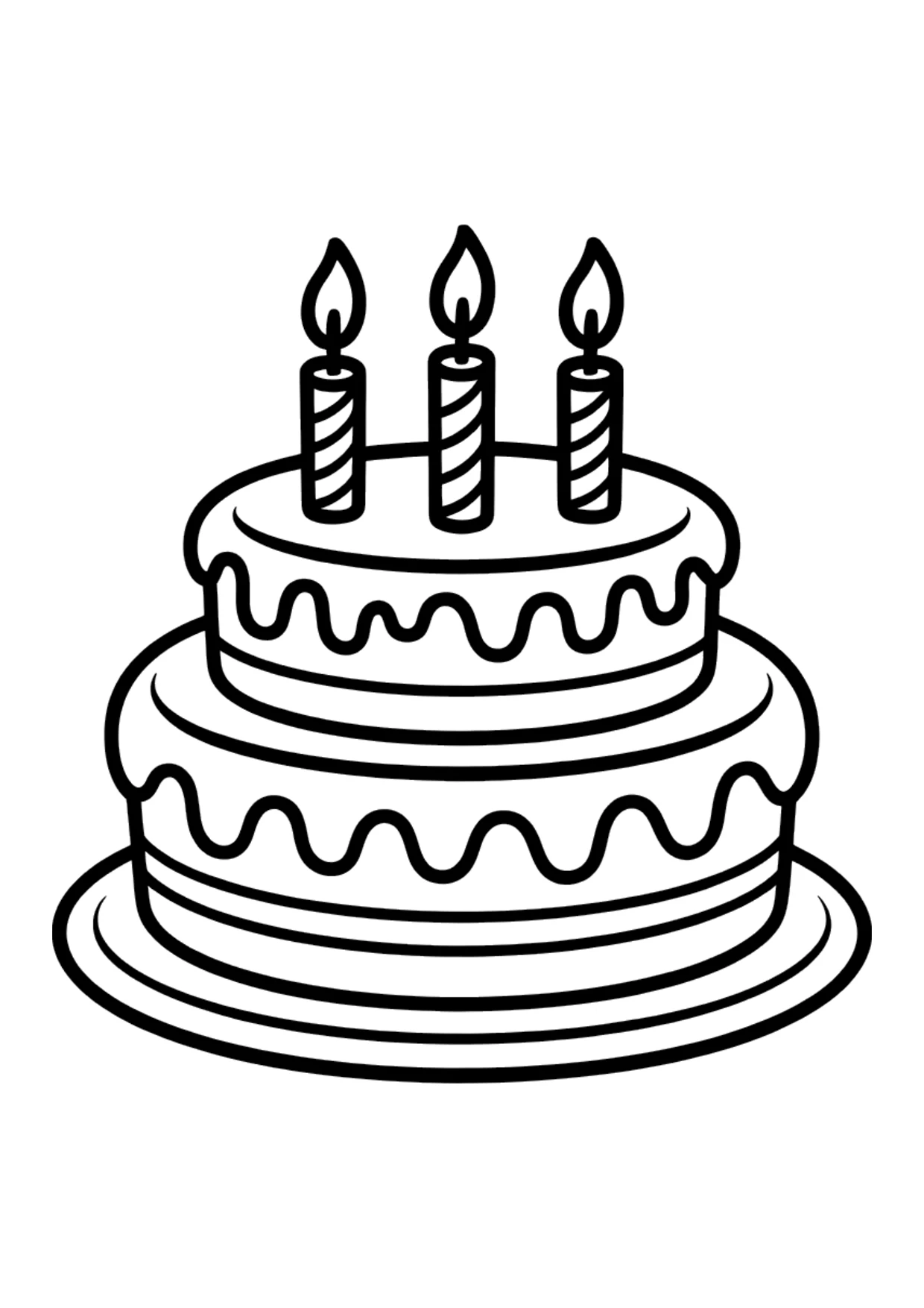 Easy coloring page of a birthday cake with three candles