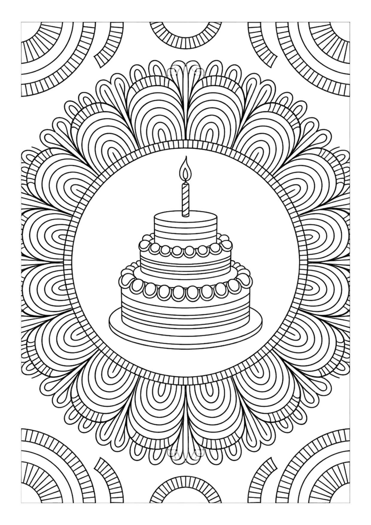 Detailed mandala coloring page of a birthday cake