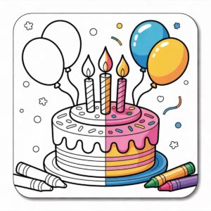 Birthday coloring pages: a birthday cake with candles and balloons shown half as coloring page line art and half in bright colors with crayons