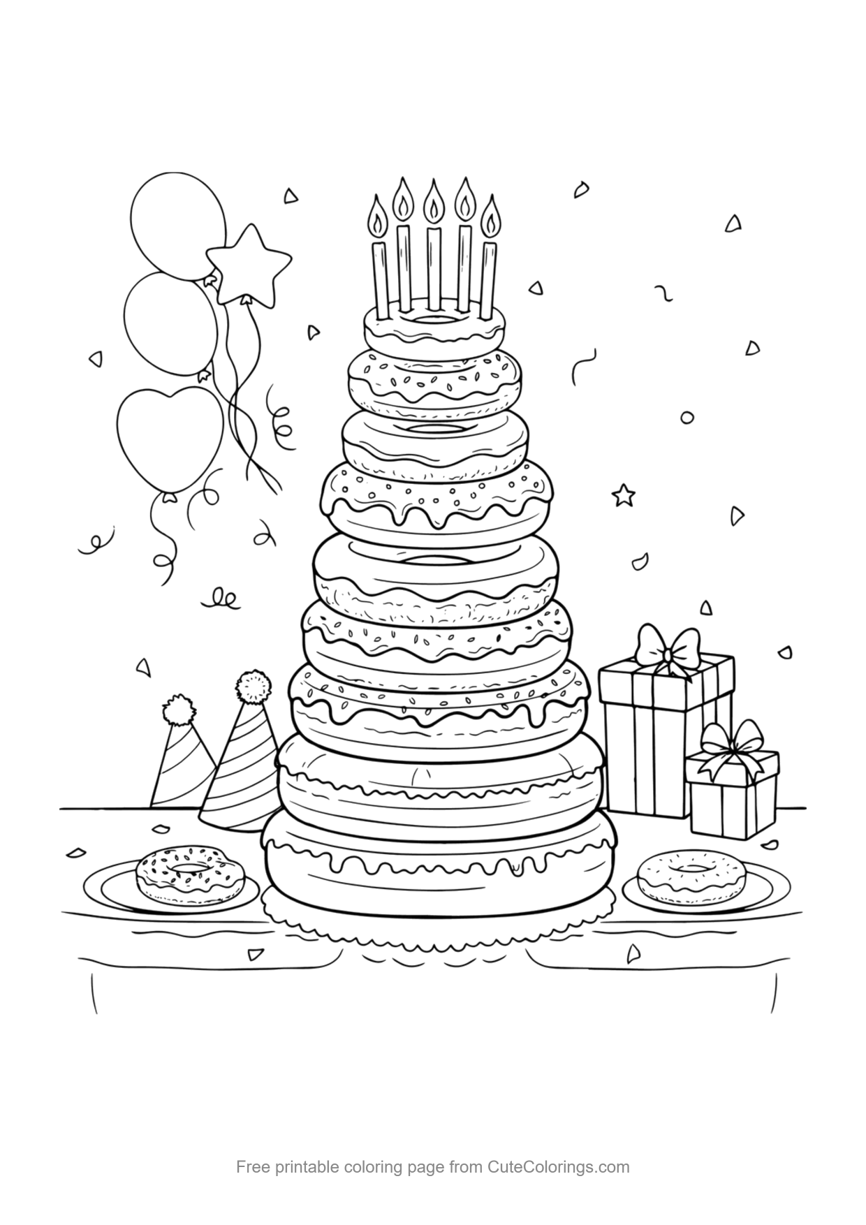 Coloring page for kids of a birthday donut tower with candles, balloons and gifts
