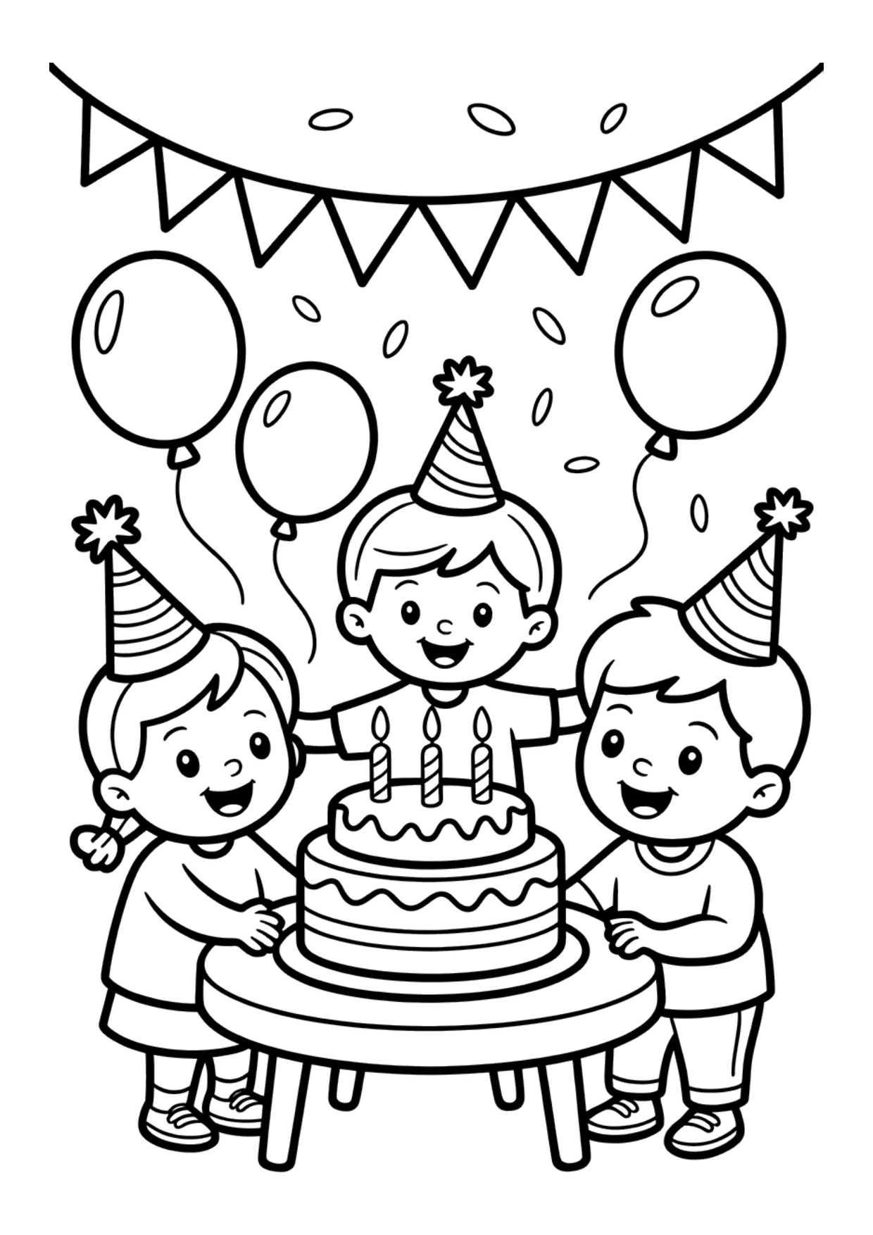 Coloring page for kids of a birthday party with friends