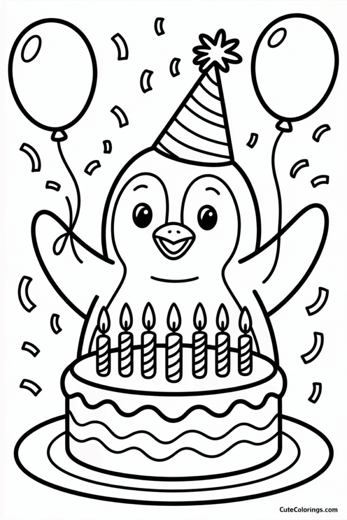 Birthday Penguin with Cake & Balloons