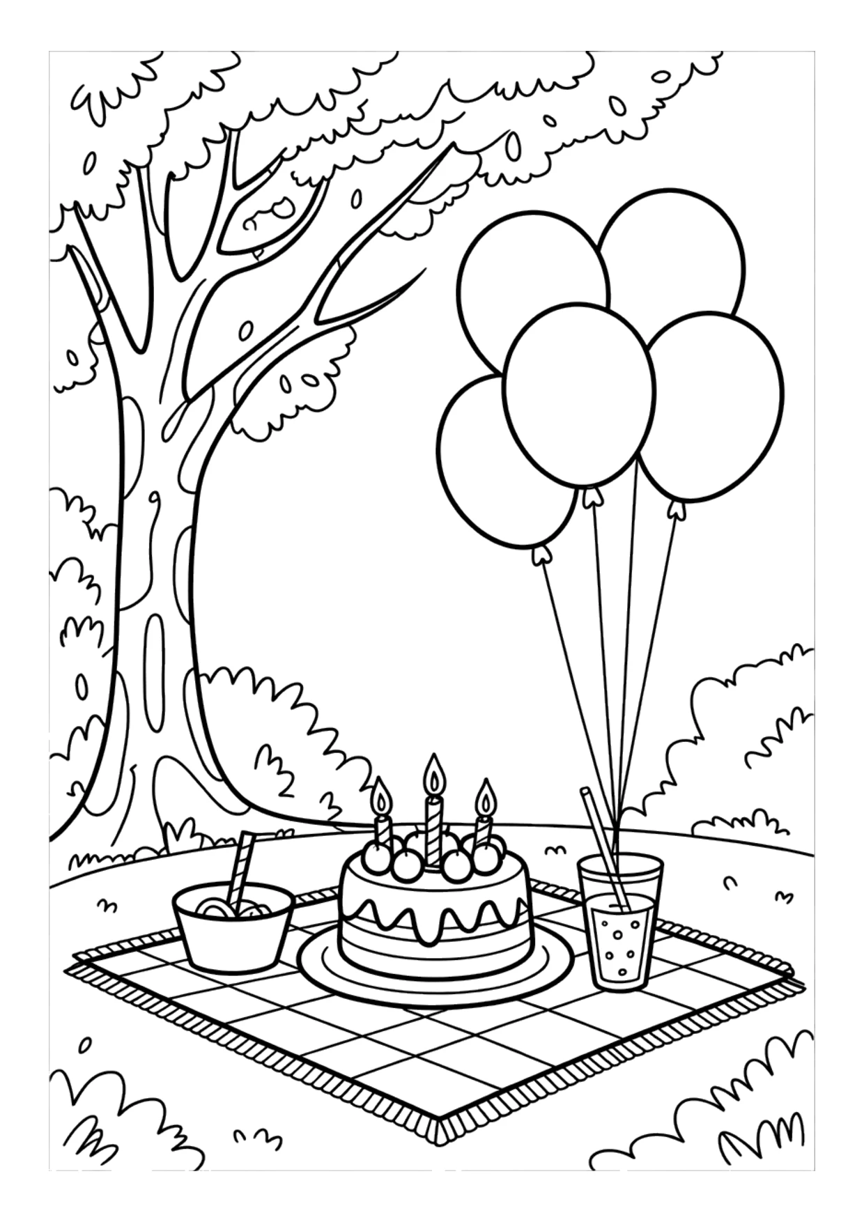 Coloring page for kids of a birthday picnic