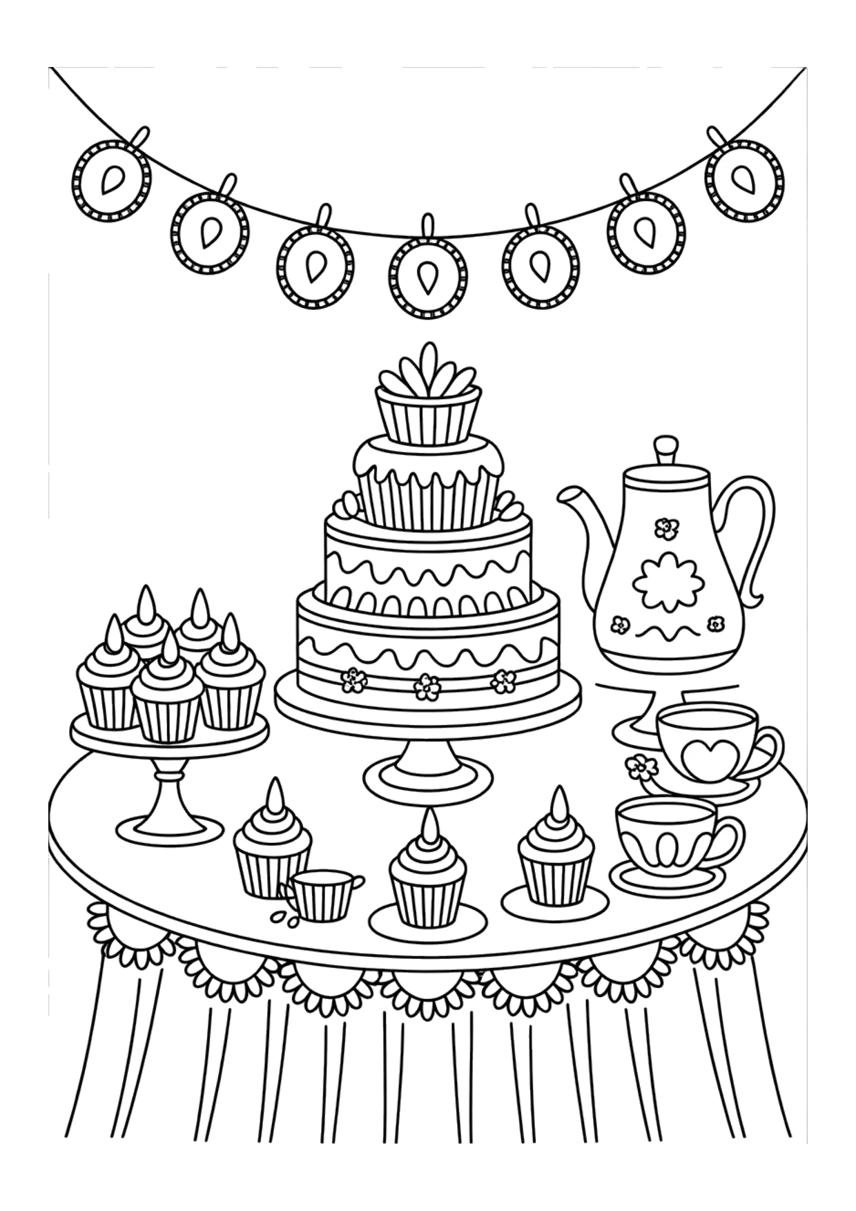 Detailed coloring page of a birthday tea party table