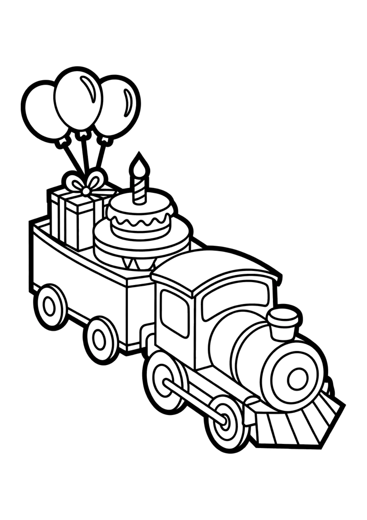 Coloring page for kids of a birthday train with presents