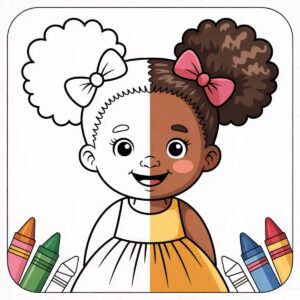 Black girl coloring pages: a smiling girl with afro puffs shown half as coloring page line art and half in soft colors with crayons