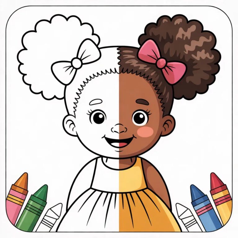 Black girl coloring pages: a smiling girl with afro puffs shown half as coloring page line art and half in soft colors with crayons