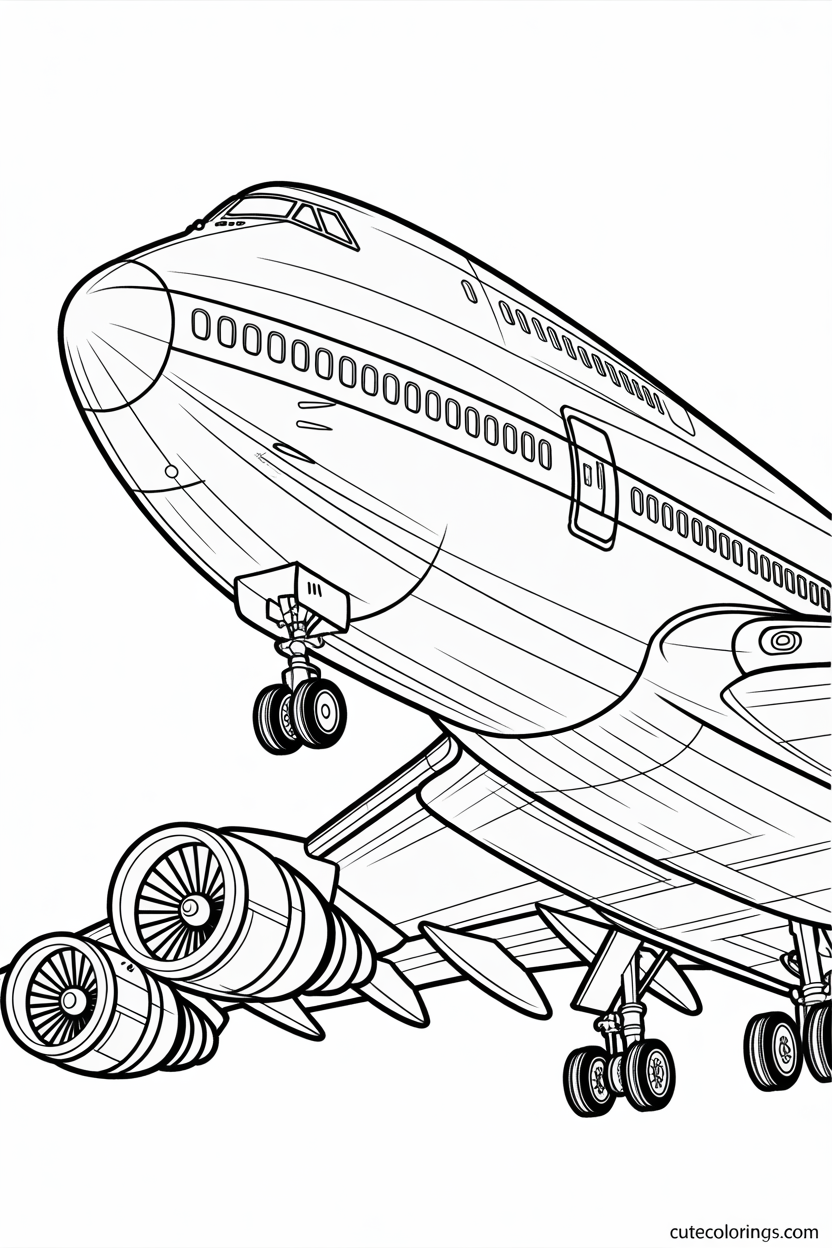 Jumbo jet detailed underside engines landing gear