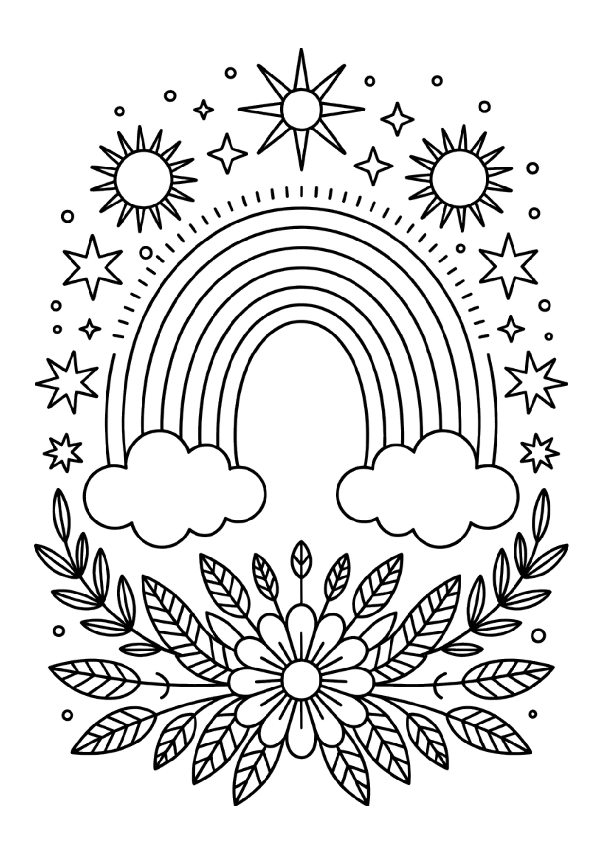 Dibujo detallado de un arcoíris boho para colorear para adultos