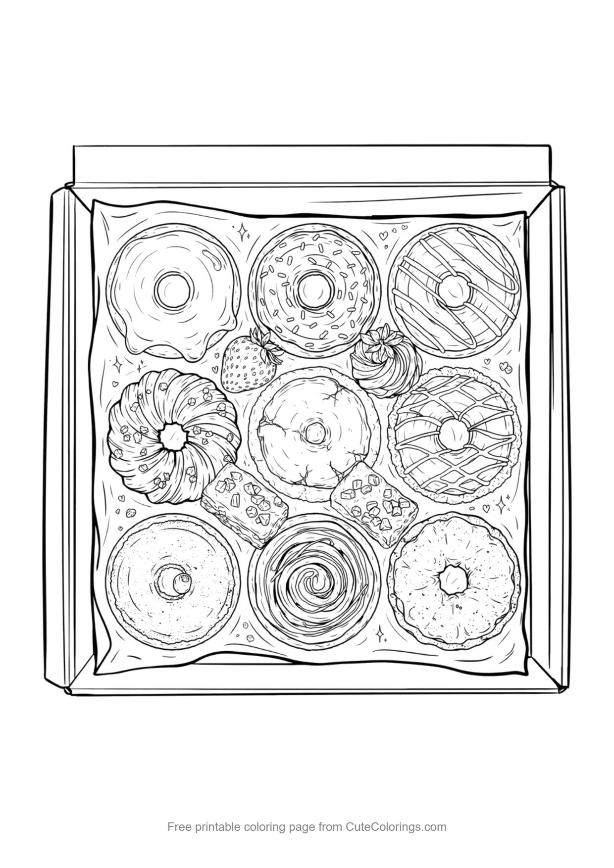 Detailed coloring page of an open bakery box filled with a dozen different donuts