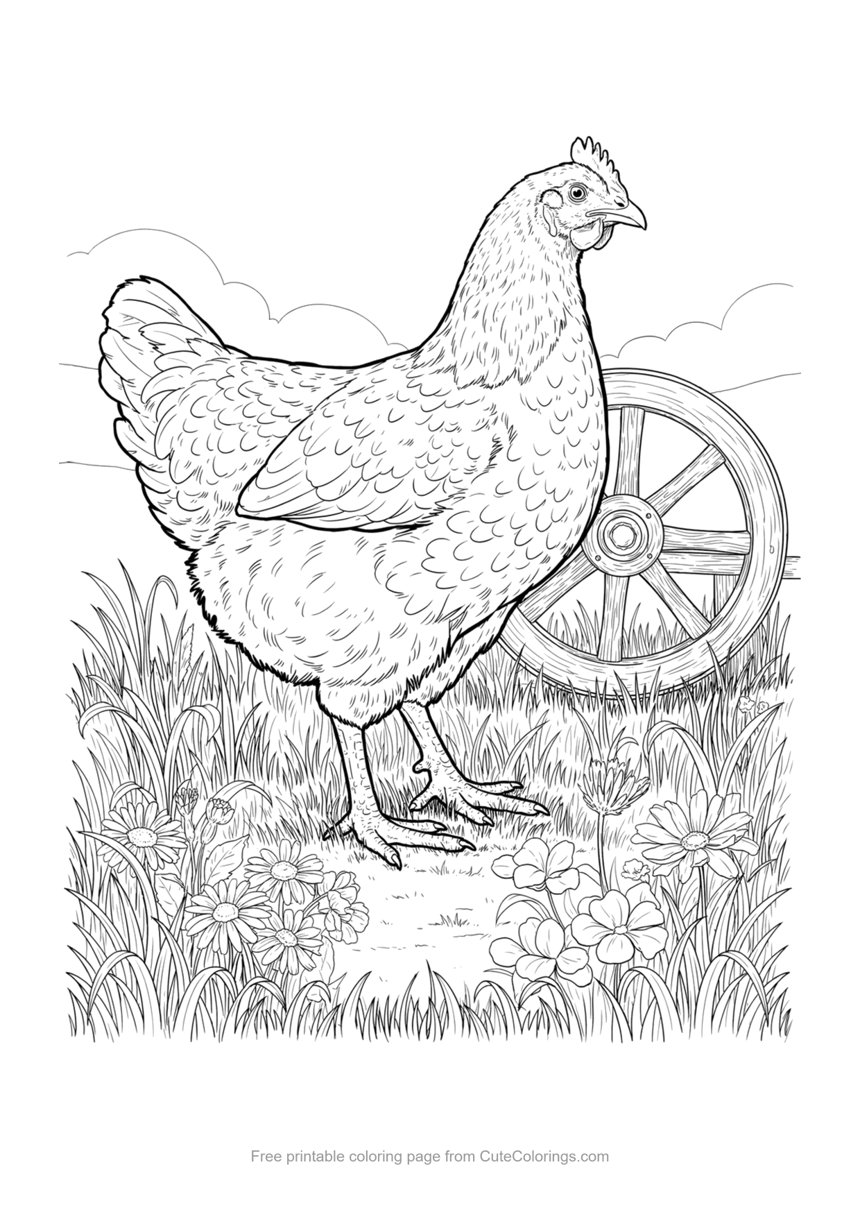 Detailed coloring page of a Brahma hen with feathered legs beside a wagon wheel