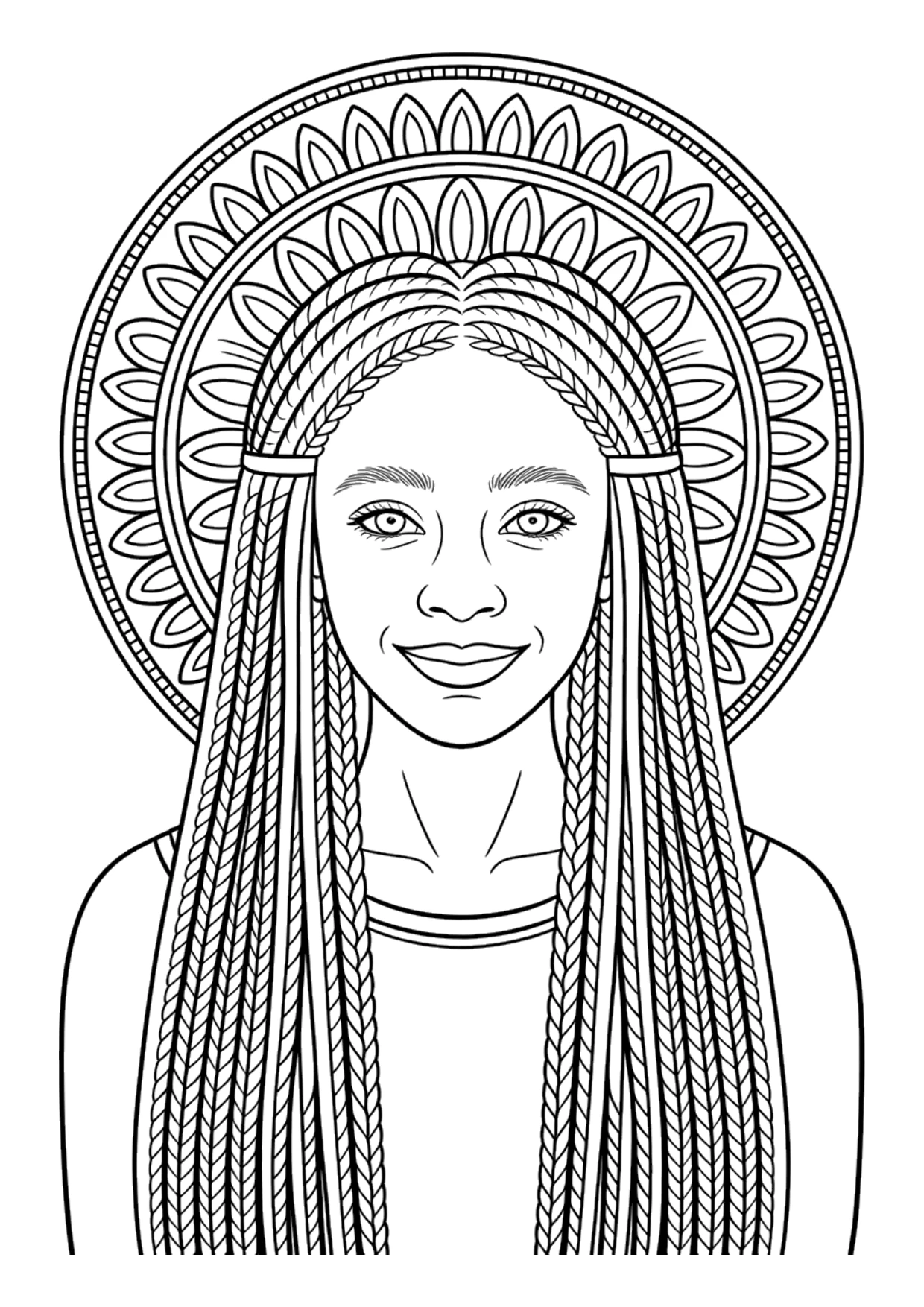 Detailed mandala coloring page of a Black girl with braids