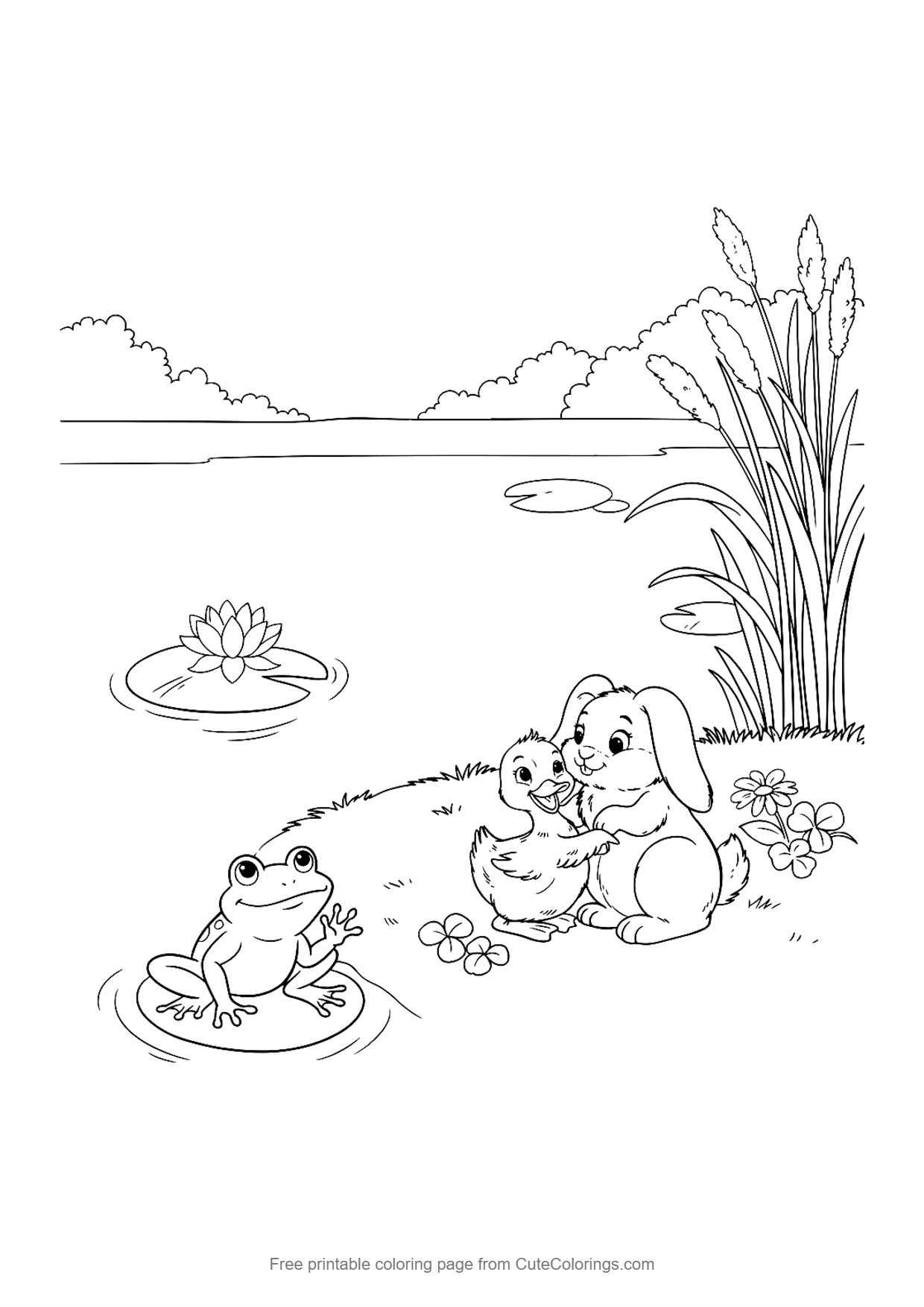 Coloring page for kids of a bunny and a duckling sitting together by a pond with a frog and lily pads