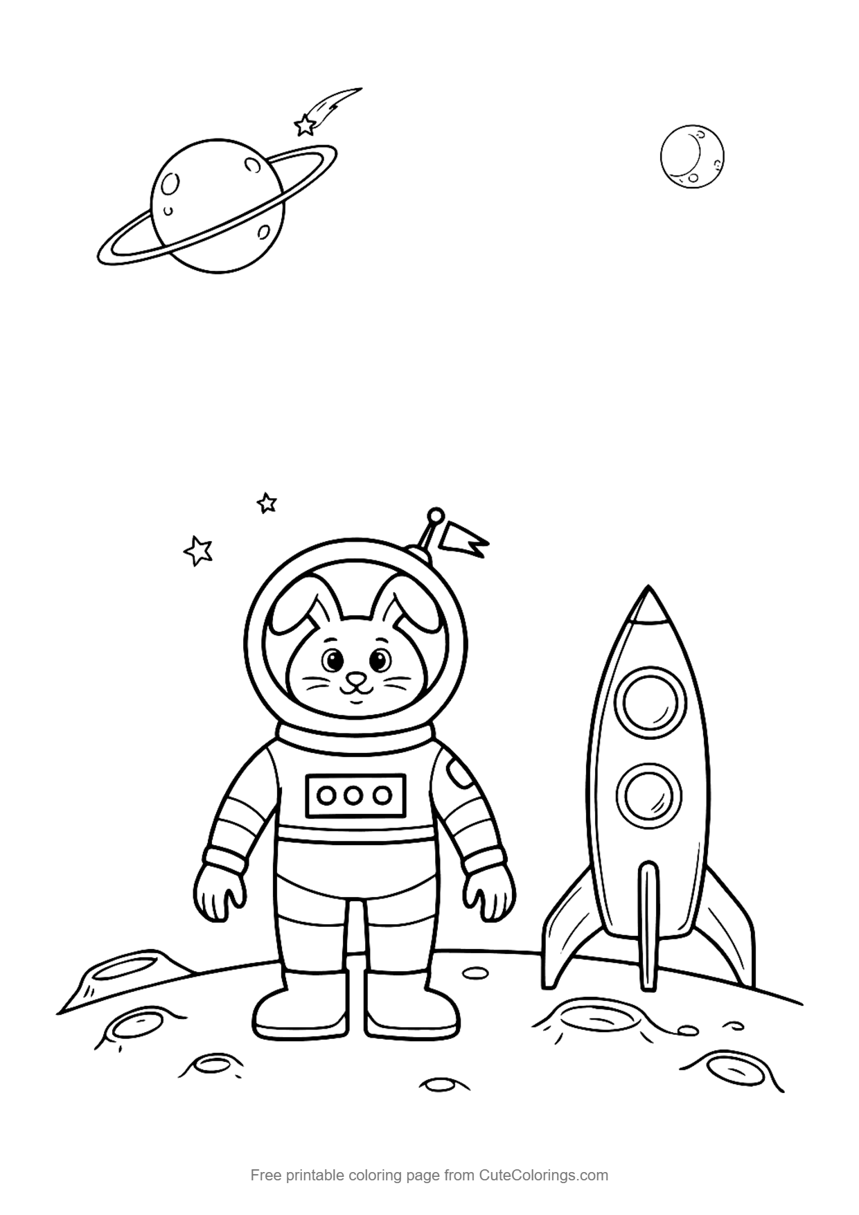 Coloring page for kids of a bunny astronaut standing on the moon next to a rocket with planets