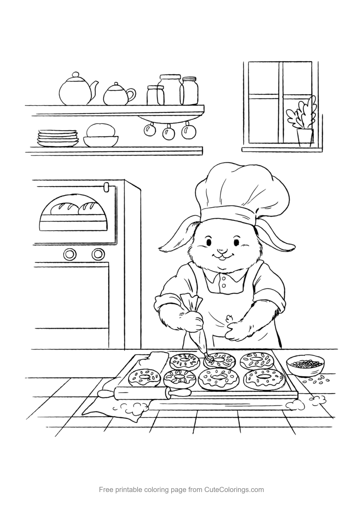 Coloring page for kids of a bunny baker decorating donuts in a bakery kitchen