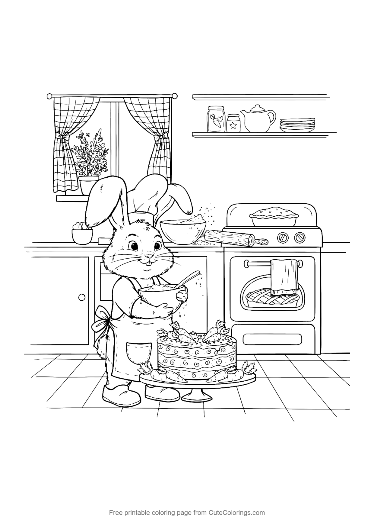 Coloring page for kids of a bunny chef in an apron baking a carrot cake in a cozy kitchen