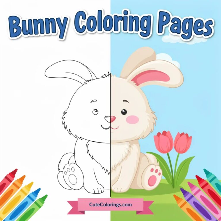 Bunny coloring pages: a cute sitting bunny shown half as coloring page line art and half in color with tulips and crayons