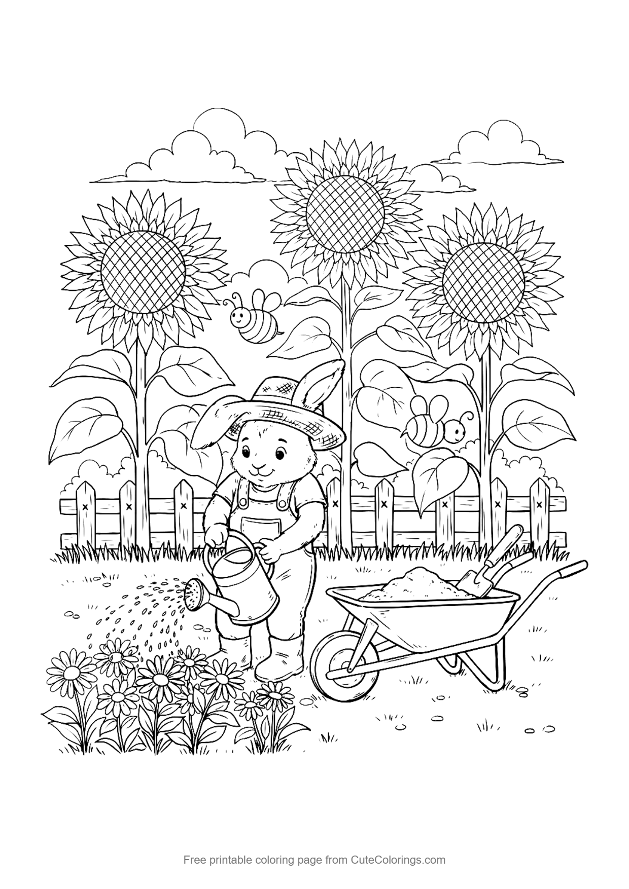 Coloring page for kids of a bunny gardener in a straw hat watering sunflowers with bees and a wheelbarrow